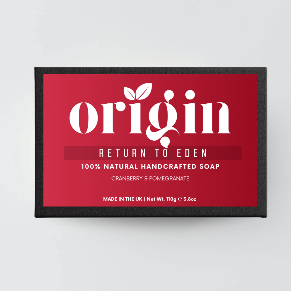 Front packaging of the Pomegranate & Cranberry natural tallow soap by Origin.