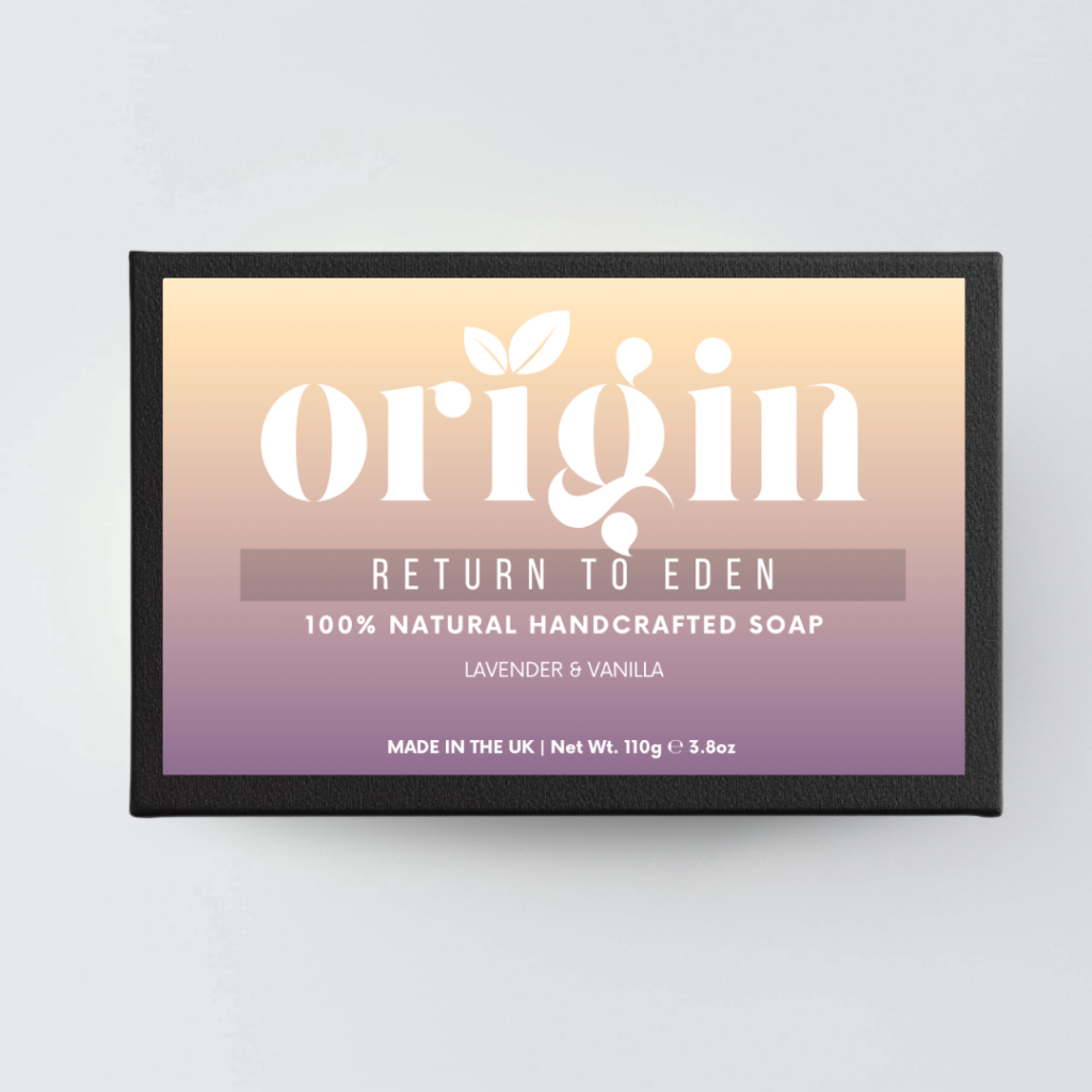 Front packaging of the Lavender & Vanilla natural tallow soap by Origin.