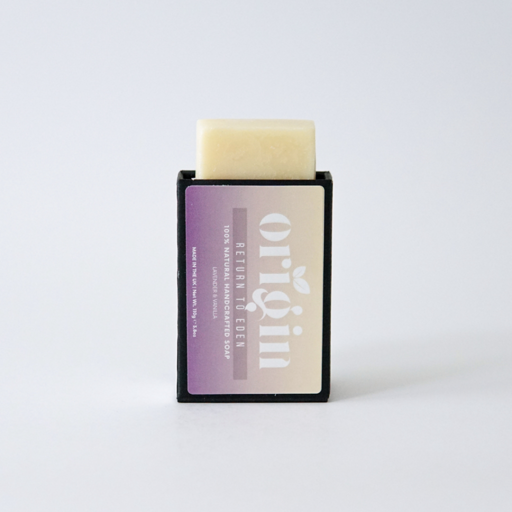 Lavender & Vanilla soap bar partially popping out of its upright box.