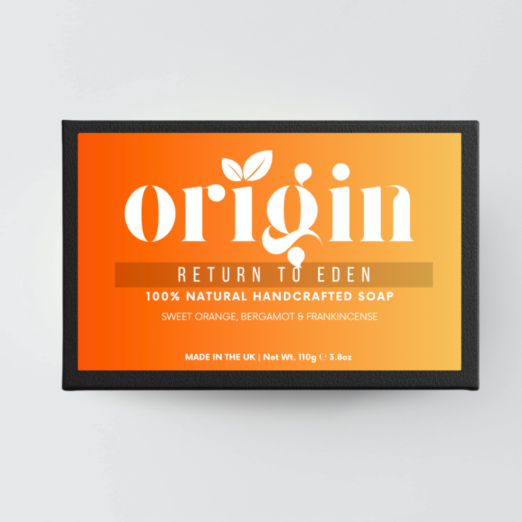 Front packaging of the Sweet Orange, Bergamot & Frankincense natural tallow soap by Origin.