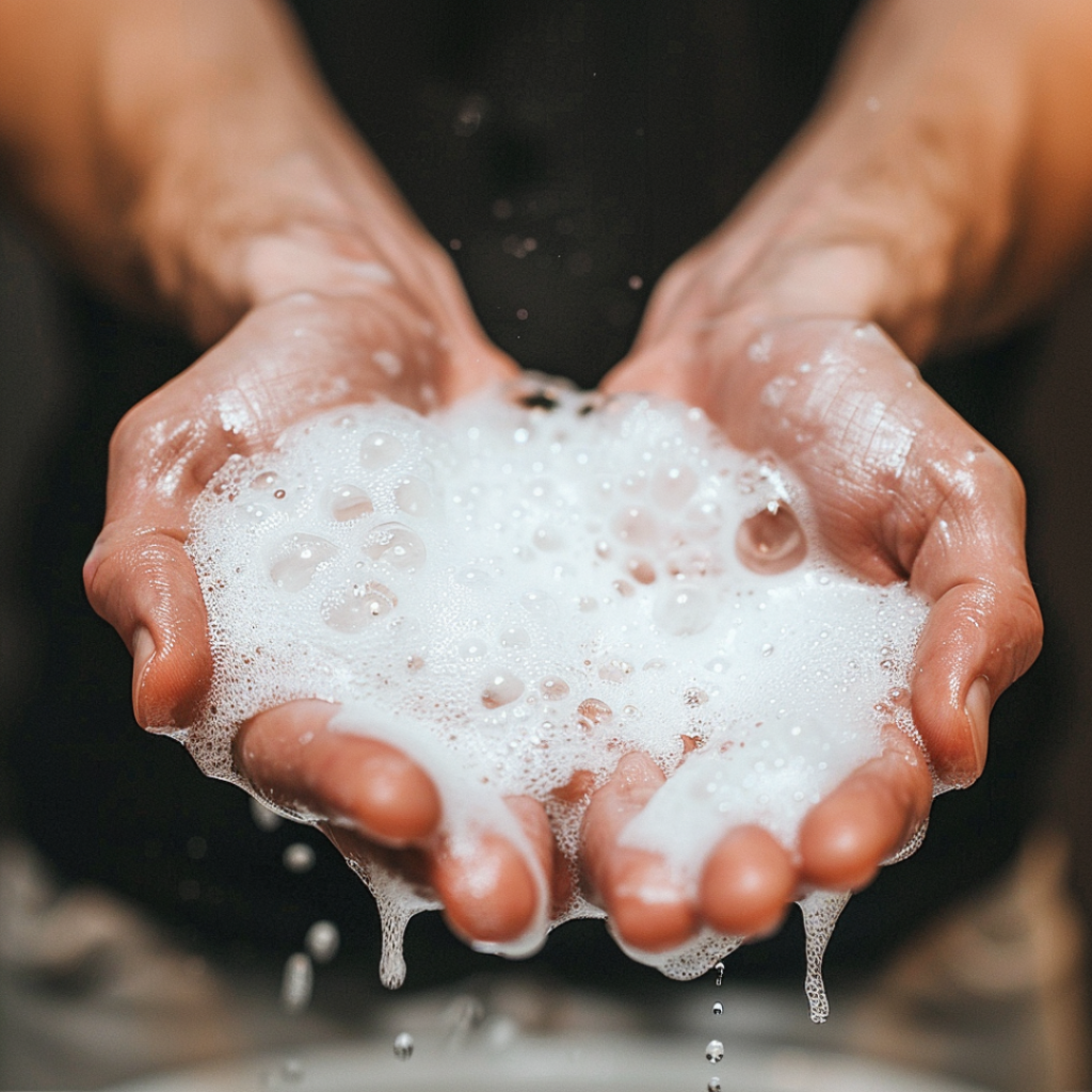 Hands holding rich, natural soap lather created with Origin’s tallow soap.