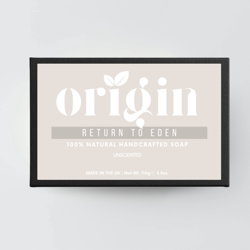 Front packaging of the Unscented natural tallow soap by Origin.