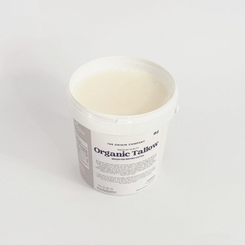 Open jar of organic beef tallow 1kg top view