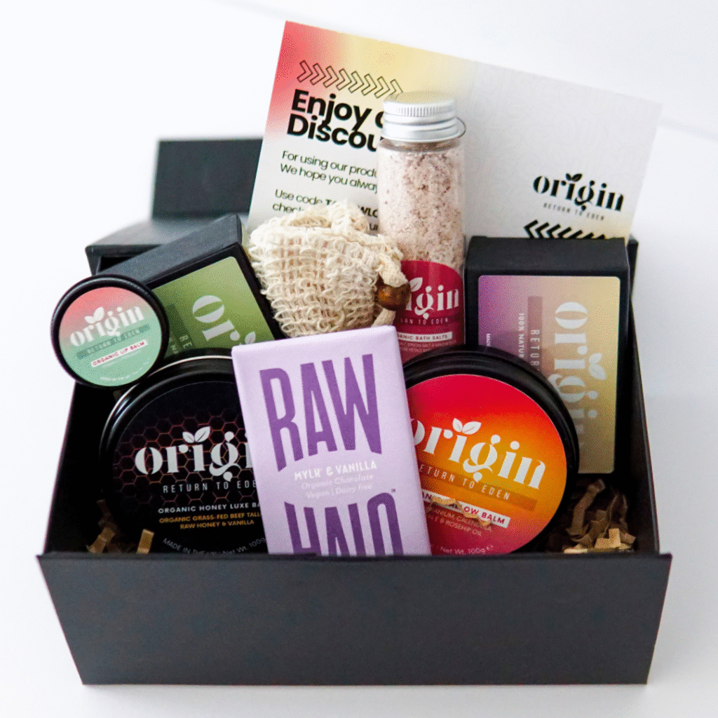 Origin Women’s Gift Box filled with organic tallow skincare, soaps, balms, and bath salts — a natural luxury gift for her.