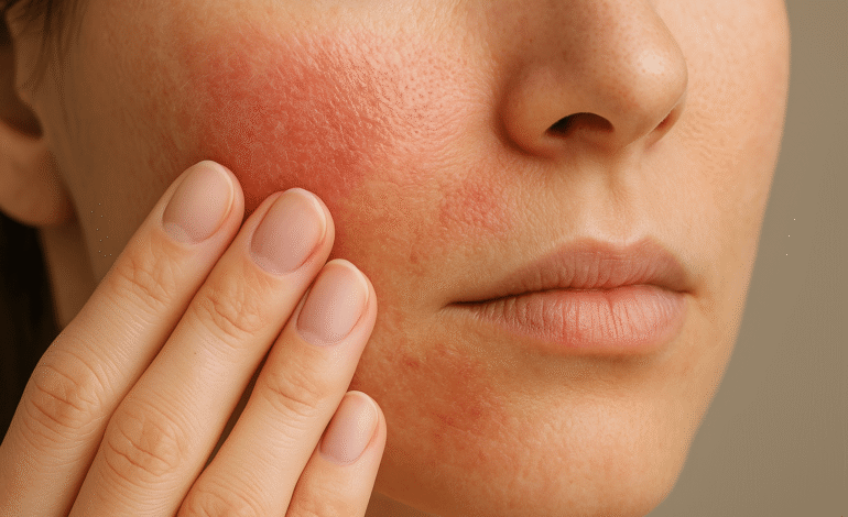 Close-up of a woman’s cheek showing red, irritated, and flaky skin caused by a damaged skin barrier