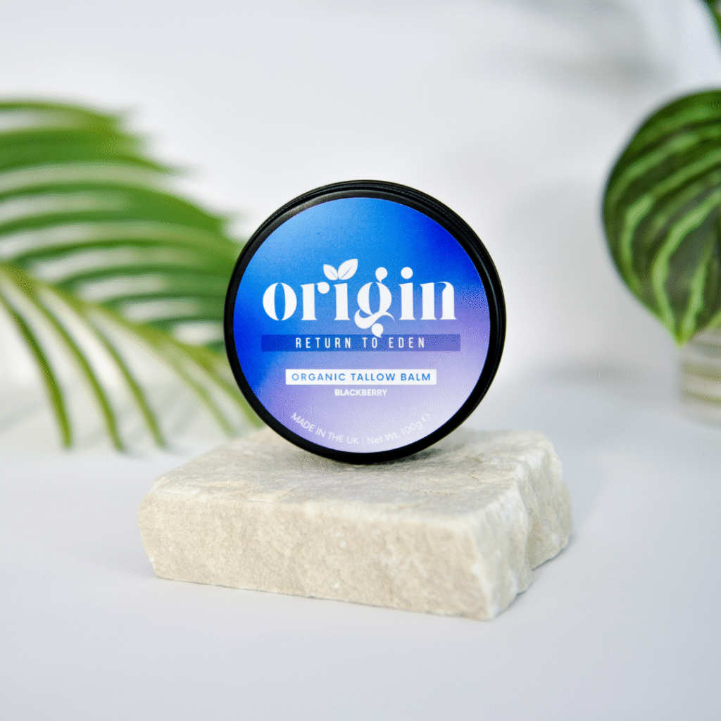 Blackberry tinted tallow balm styled with fresh blackberries for antioxidant skincare