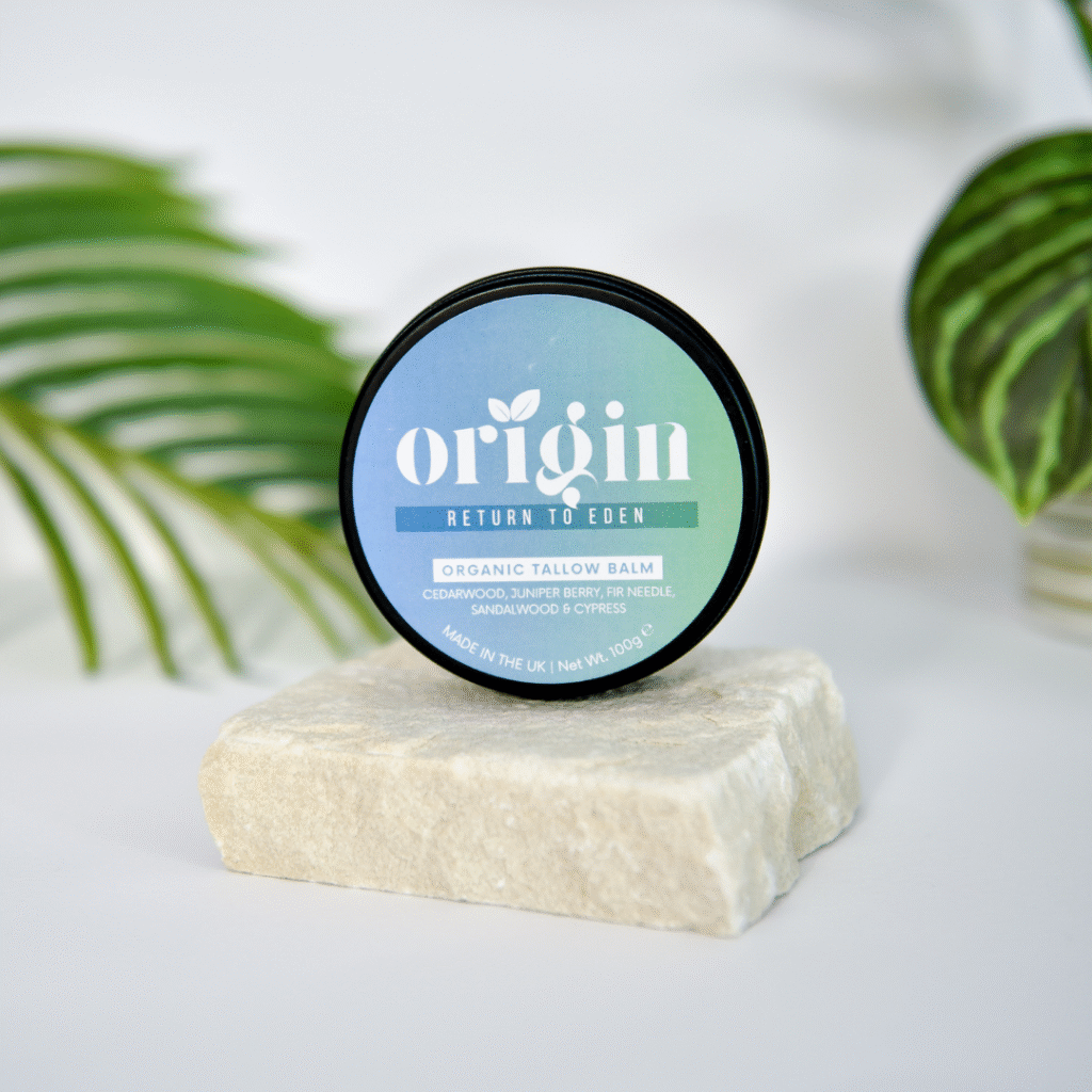 Cedarwood and juniper tallow balm in matte black tin