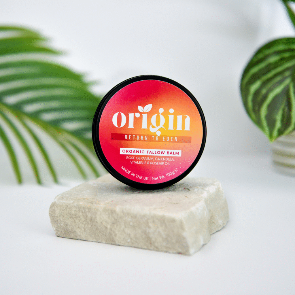 Floral tallow balm styled with rose petals, calendula flowers and vitamin E