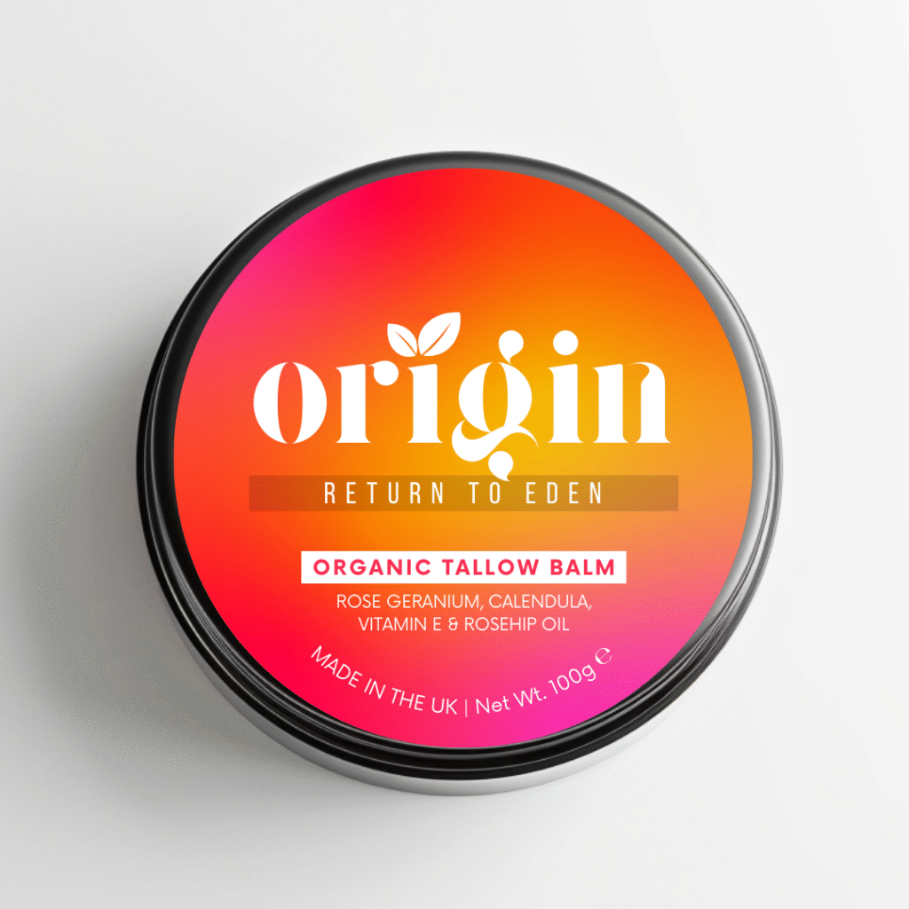 Organic Rose Geranium Tallow Balm in black tin with front label visible