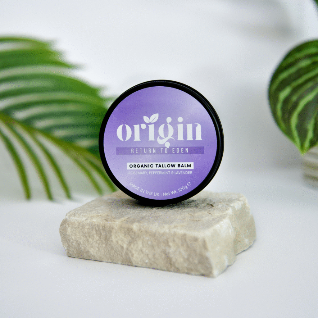 Organic rosemary tallow balm in black tin