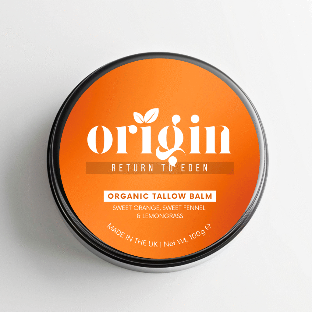 Sweet Orange Fennel Lemongrass Tallow Balm front view with label facing camera
