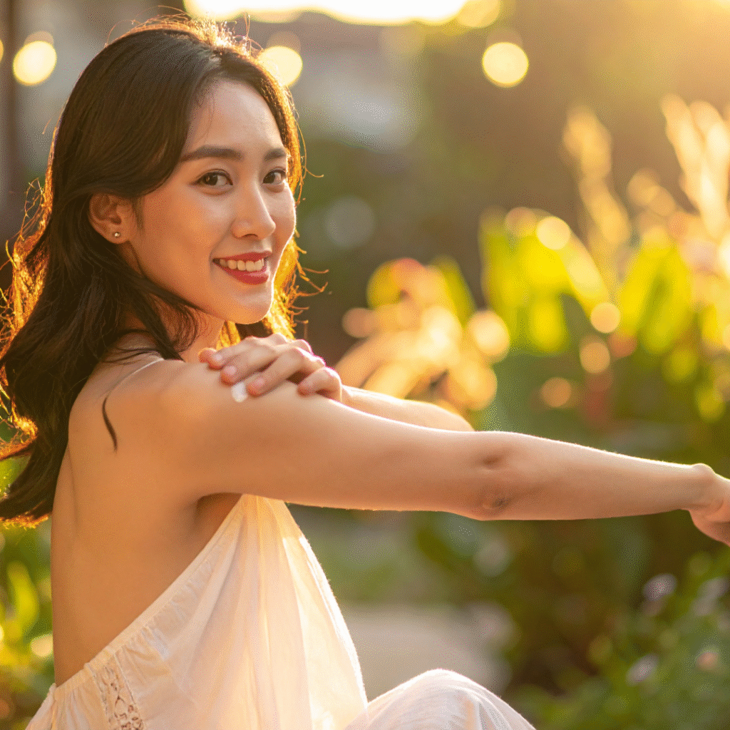 Woman applying Bug Balm natural insect repellent to her arm outdoors