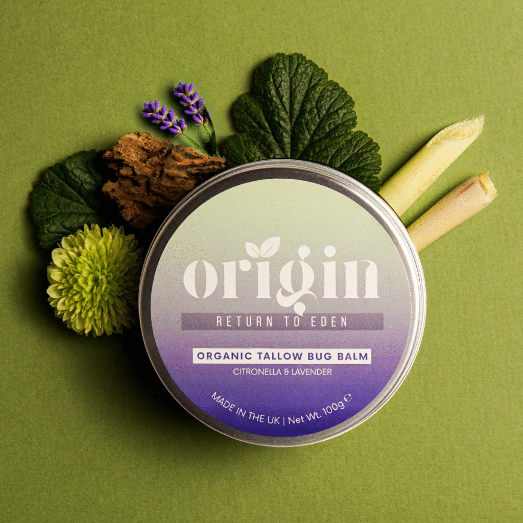 Bug Balm tin styled with citronella, lemongrass, lavender, cedarwood
