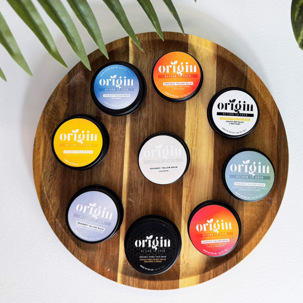 Plate with 10 tallow balm samples in small tins – natural skincare trial collection