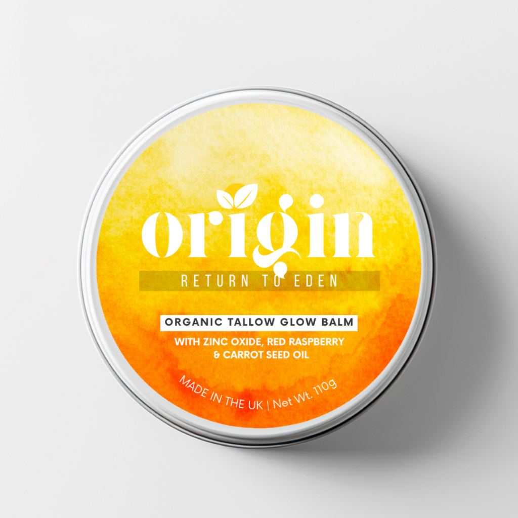 Front label of the Glow Balm natural tallow skincare tin.