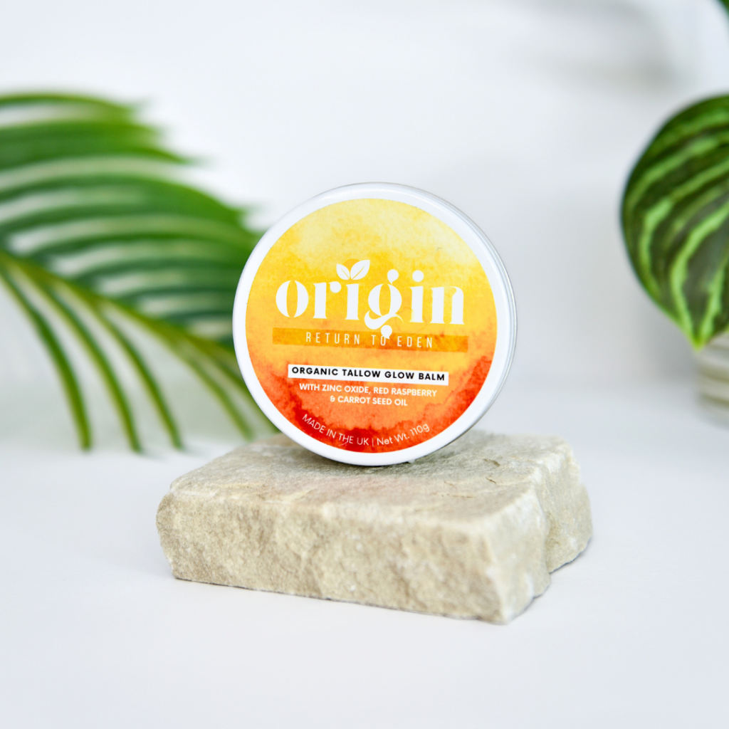 Glow Balm natural tallow skincare balm displayed in a clean product showcase.