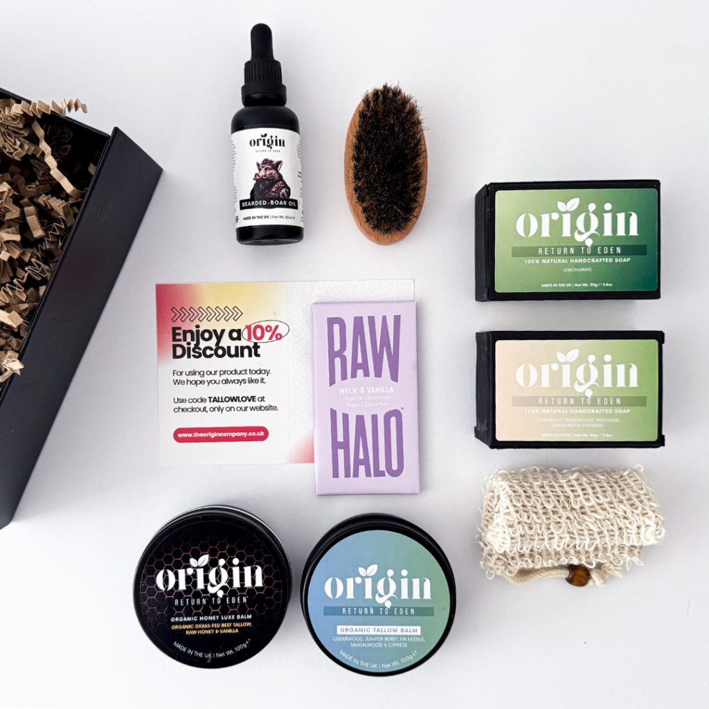 Men’s Luxury Skincare Tallow Gift Box products laid out on a table, including balm, beard oil, soap, brush, and luxury chocolate.
