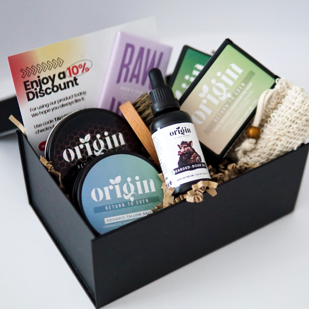 Open Men’s Luxury Skincare Gift Box with contents displayed neatly inside.