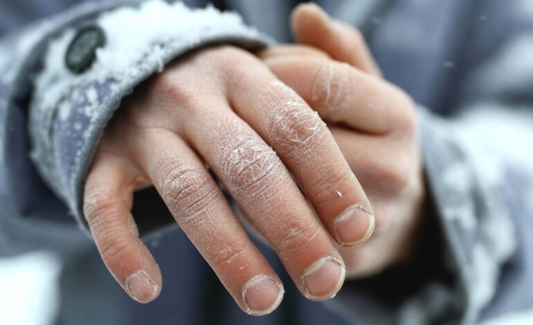 Dry hands caused by cold winter weather, showing cracked and dehydrated skin