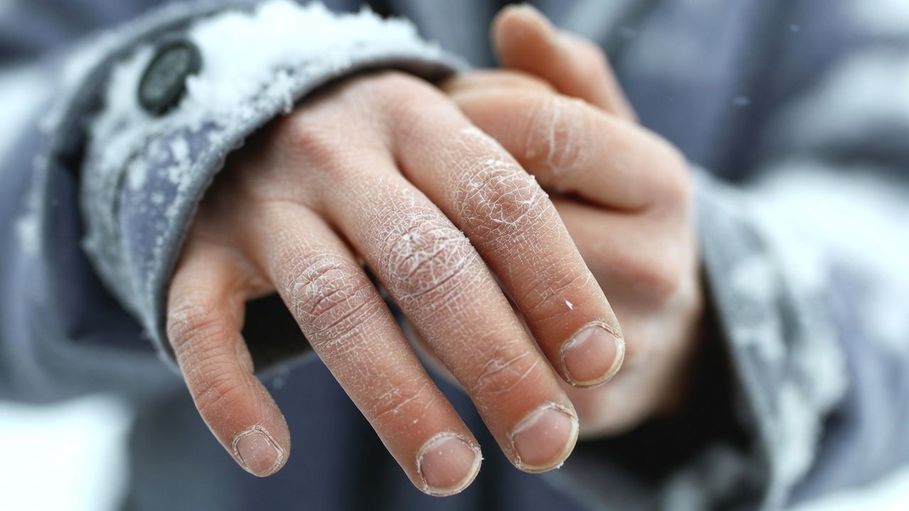 Dry hands caused by cold winter weather, showing cracked and dehydrated skin