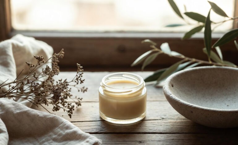 Glass jar of grass-fed beef tallow balm in a natural, minimalist skincare setting with linen and herbs
