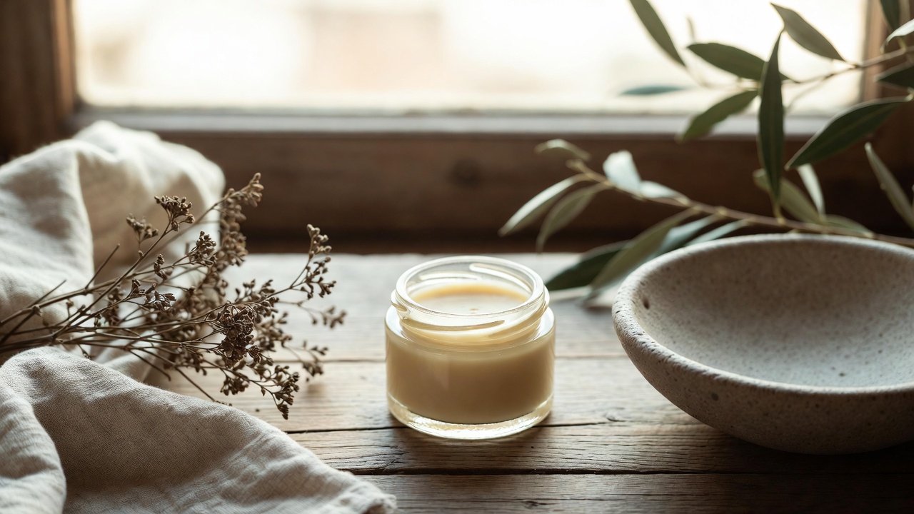 Glass jar of grass-fed beef tallow balm in a natural, minimalist skincare setting with linen and herbs