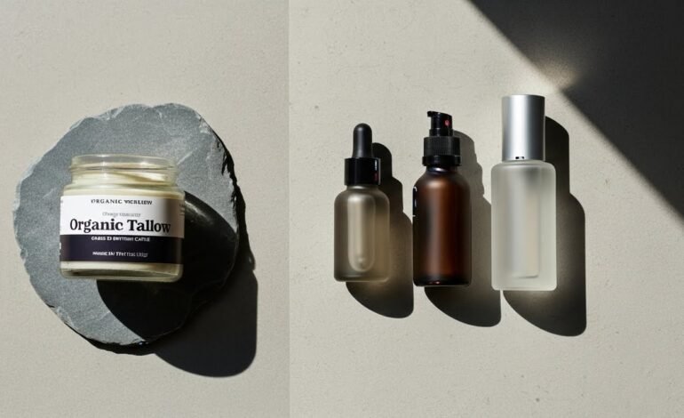 Natural and synthetic skincare ingredients comparison flat lay