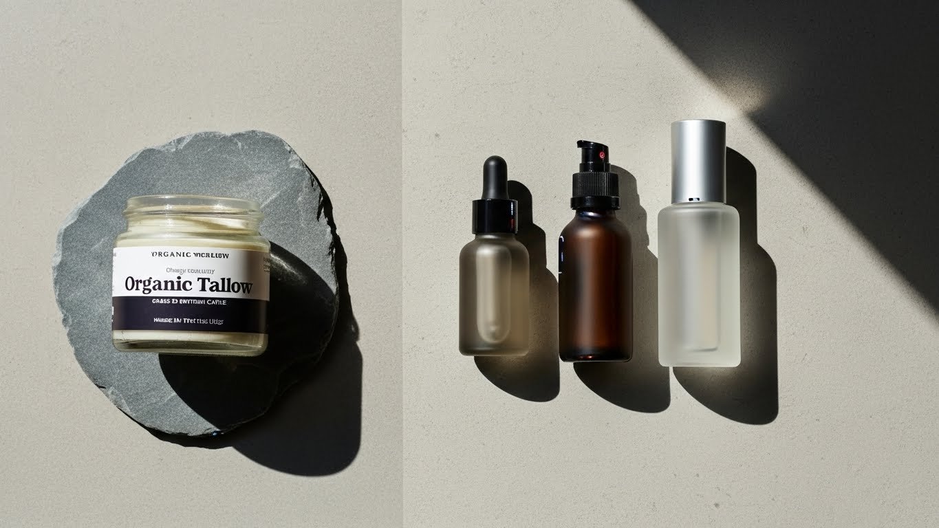 Natural and synthetic skincare ingredients comparison flat lay