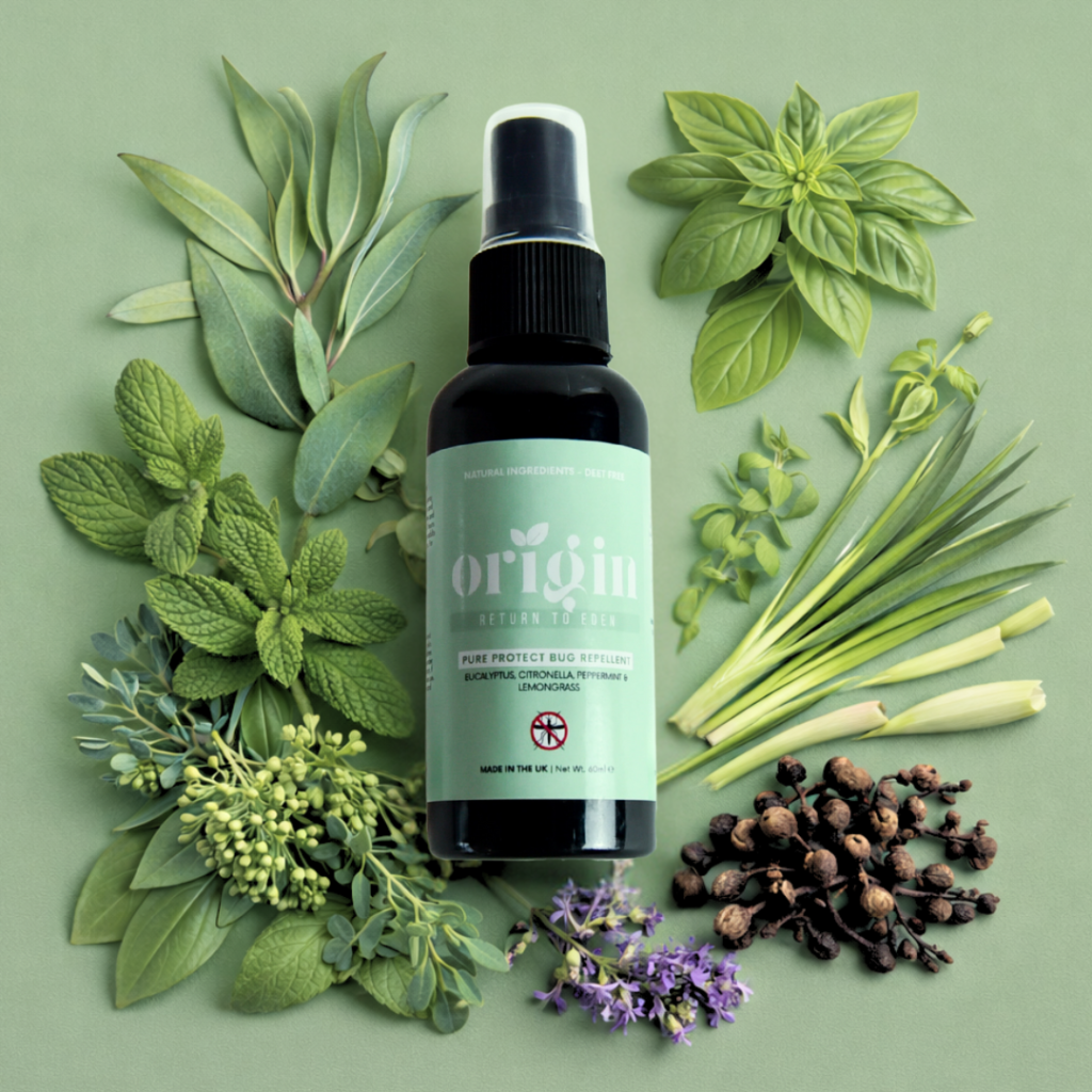 Bug repellent spray surrounded by essential oils and botanicals