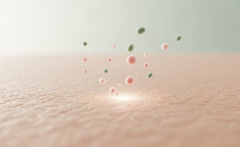 Close-up of healthy skin with abstract representation of skin microbiome balance