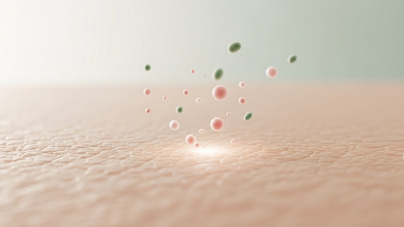 Close-up of healthy skin with abstract representation of skin microbiome balance