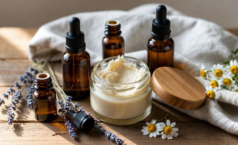 Glass jar of whipped tallow balm with essential oils and dried lavender on wooden table