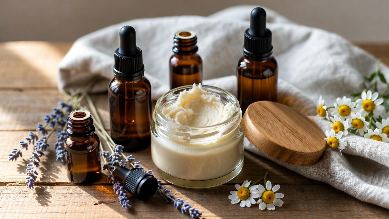 Glass jar of whipped tallow balm with essential oils and dried lavender on wooden table