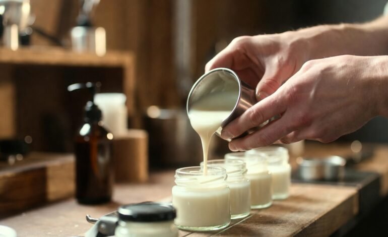 Artisan skincare workspace showing the preparation and blending stages of a handcrafted beef tallow balm.