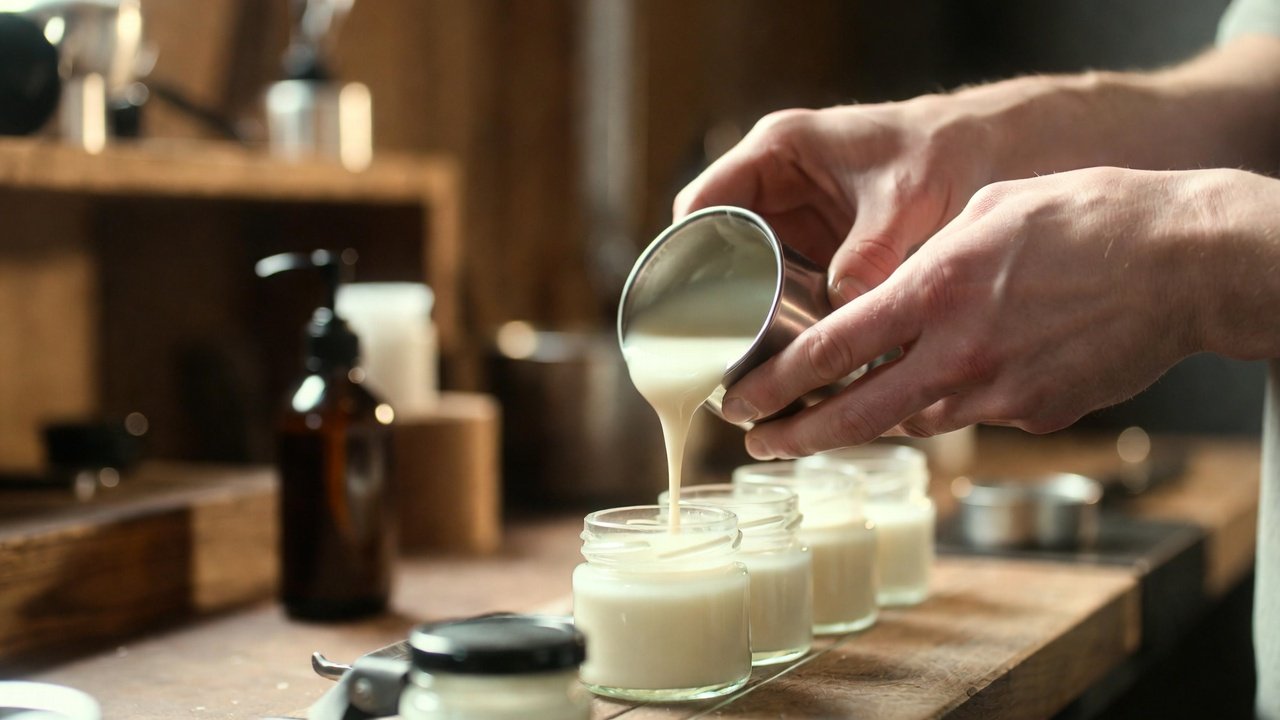 Artisan skincare workspace showing the preparation and blending stages of a handcrafted beef tallow balm.