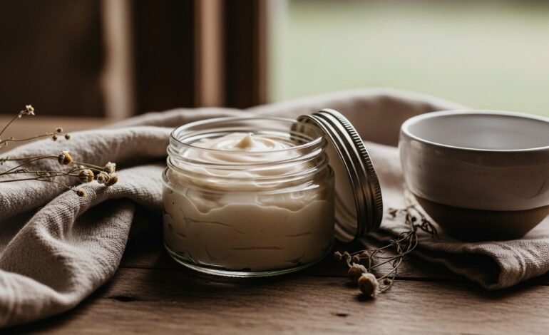 Whipped tallow balm in a glass jar with natural ingredients