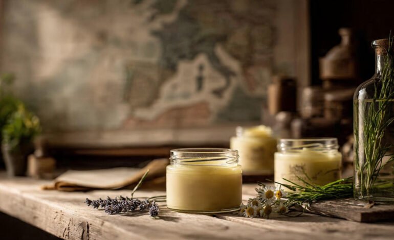 A rustic still life of several open glass jars of creamy beef tallow moisturizer with lavender sprigs and herbs on a wooden table. In the background is a faint antique map of Europe on parchment. The natural light highlights the pale-yellow cream texture.