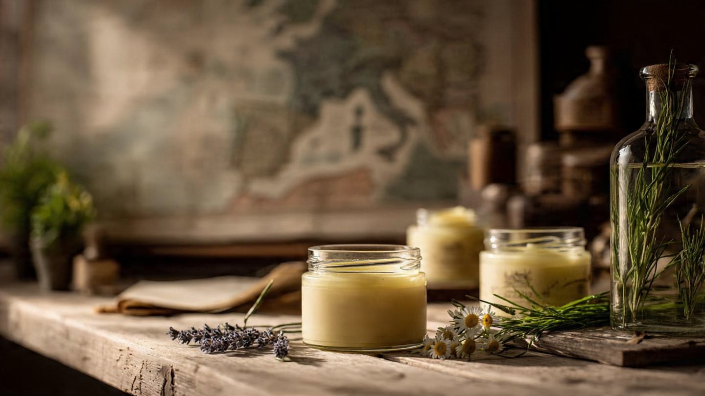 A rustic still life of several open glass jars of creamy beef tallow moisturizer with lavender sprigs and herbs on a wooden table. In the background is a faint antique map of Europe on parchment. The natural light highlights the pale-yellow cream texture.
