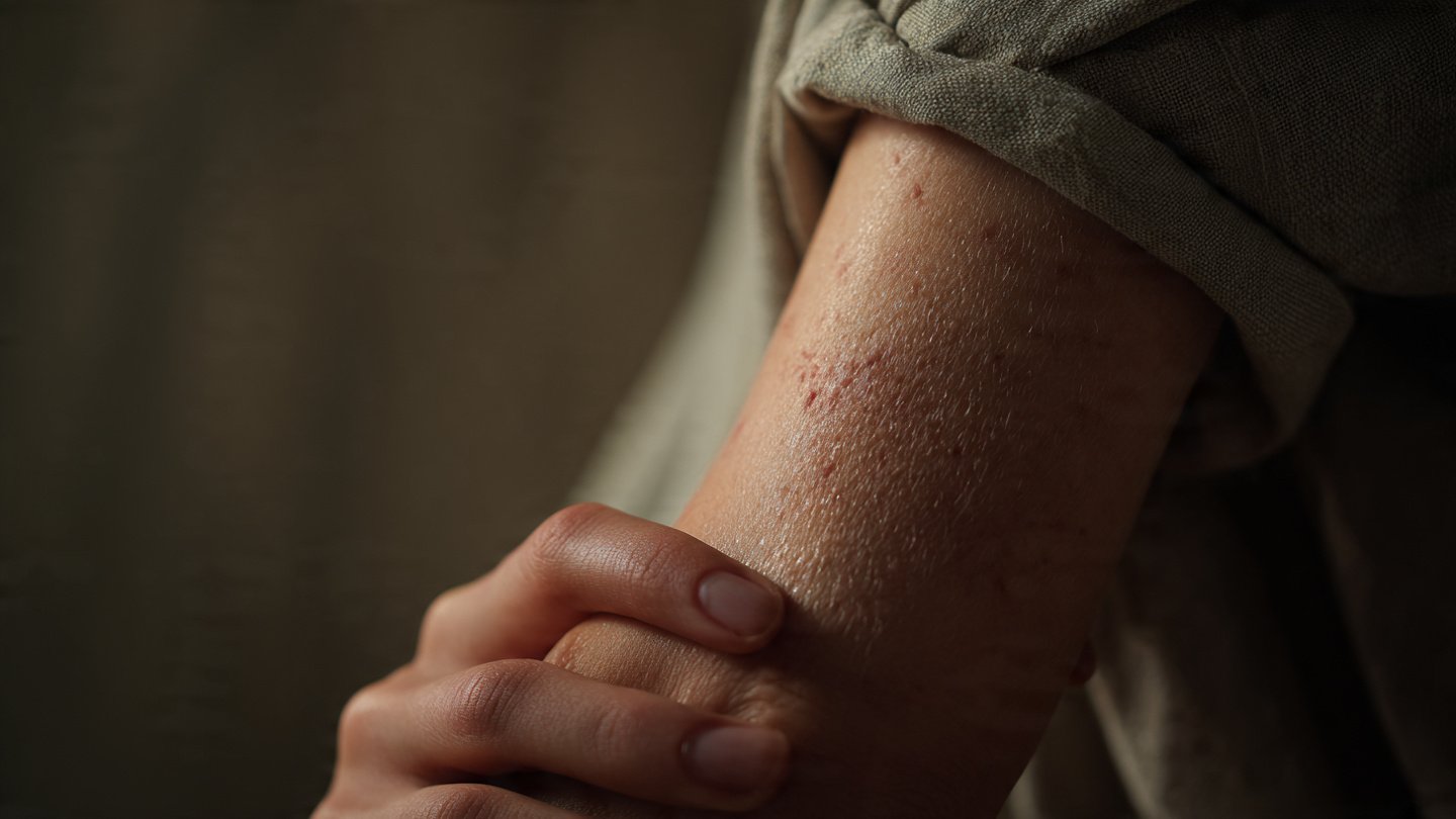 Close-up of psoriasis-prone skin with textured patches being gently supported by natural balm application