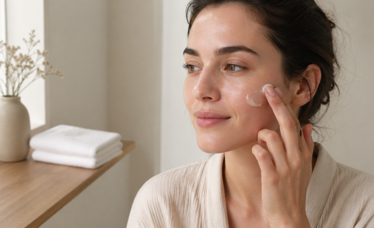Close-up of acne-prone skin with minimal natural skincare routine and soft lighting