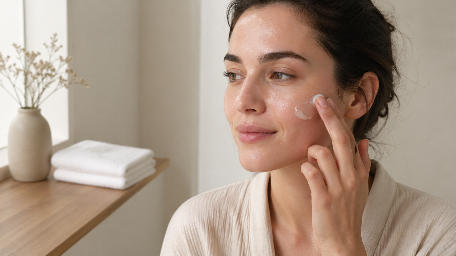 Close-up of acne-prone skin with minimal natural skincare routine and soft lighting
