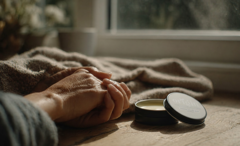 Close-up of textured psoriasis-prone skin being gently supported by natural balm application