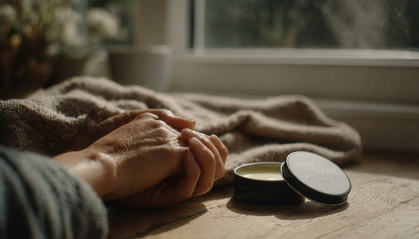 Close-up of textured psoriasis-prone skin being gently supported by natural balm application