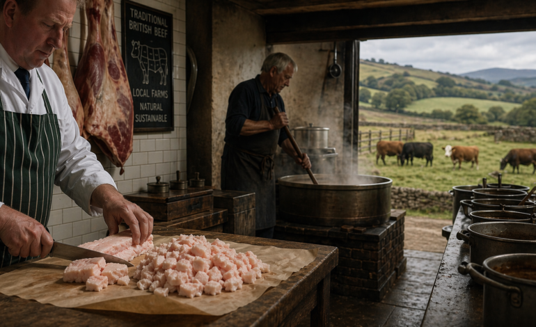 Natural rendering setup showing raw suet, butcher counter and farm pasture symbolising tallow sourcing in UK and Europe