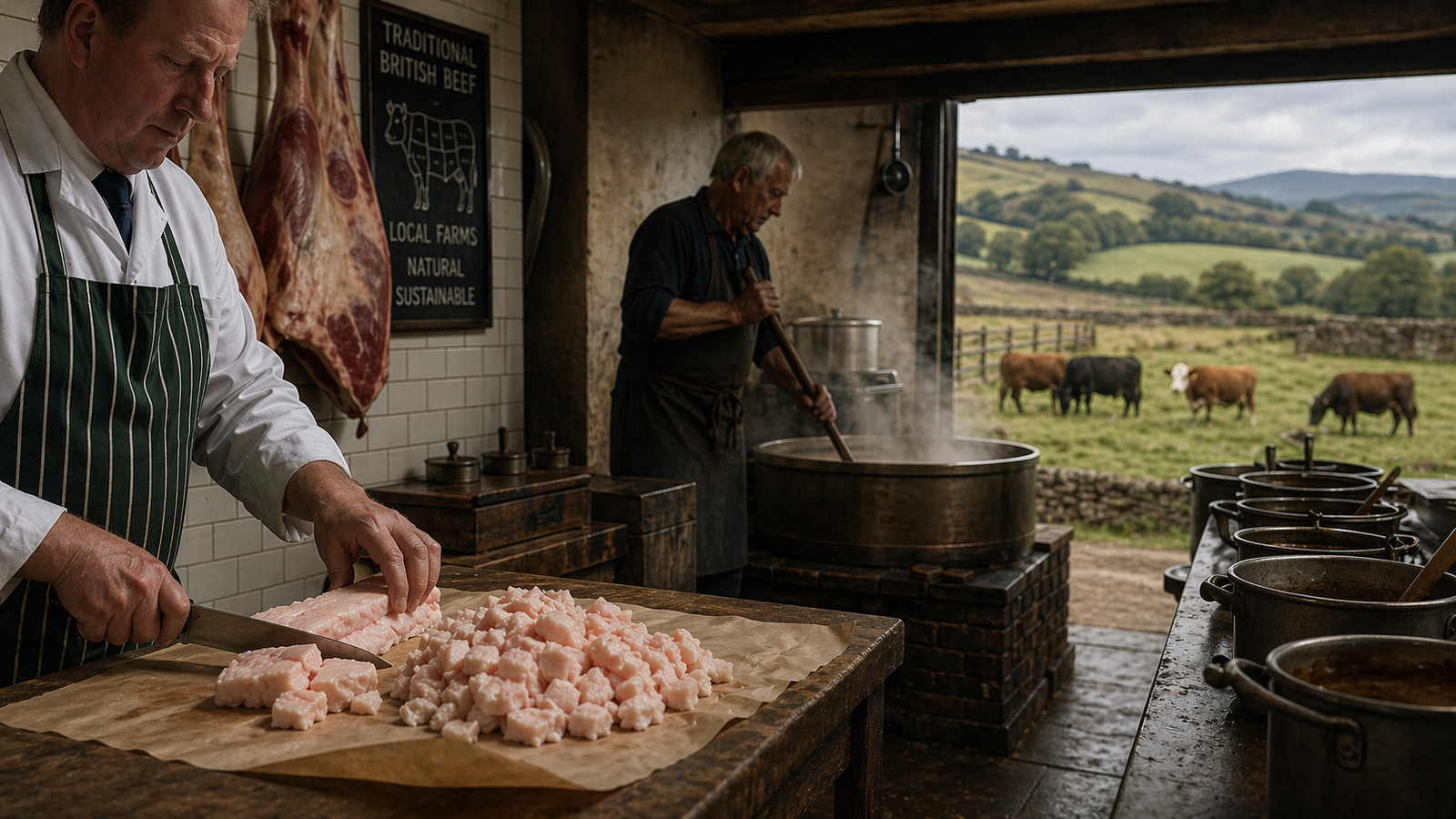 Natural rendering setup showing raw suet, butcher counter and farm pasture symbolising tallow sourcing in UK and Europe