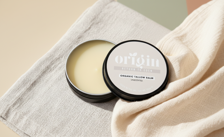 Minimal glass jar of unscented whipped tallow balm on neutral linen fabric in soft natural light