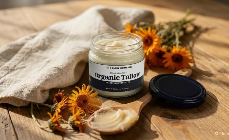 Glass jar of whipped beef tallow balm beside dried botanicals and Etsy-inspired handmade skincare packaging