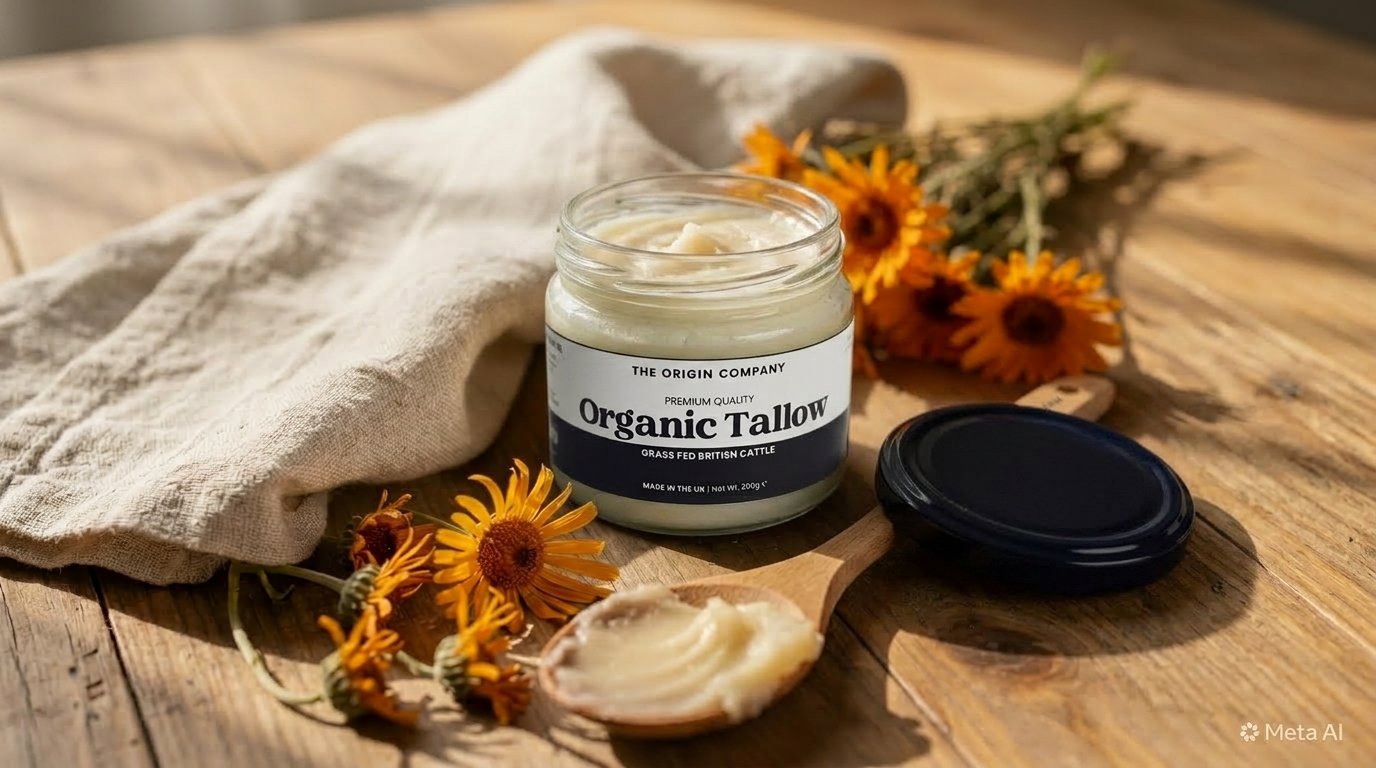 Glass jar of whipped beef tallow balm beside dried botanicals and Etsy-inspired handmade skincare packaging