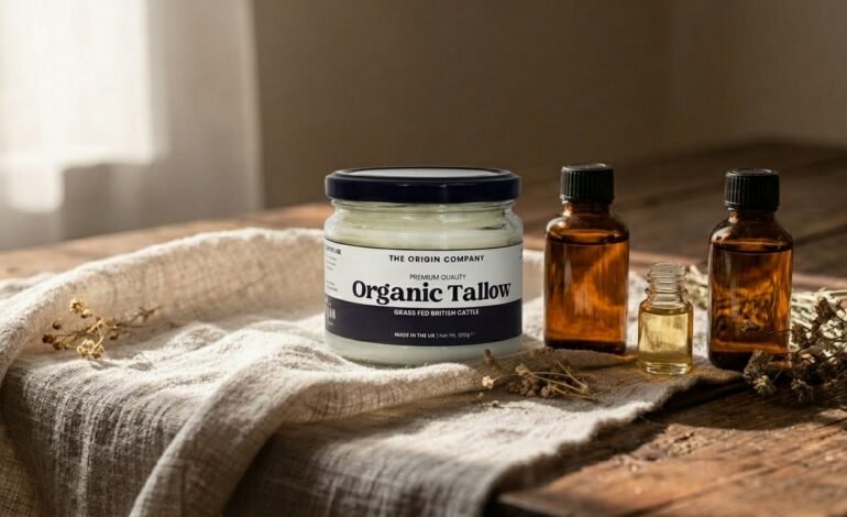 Glass jar of whipped beef tallow balm beside natural seed oils and dried botanicals on a wooden skincare table