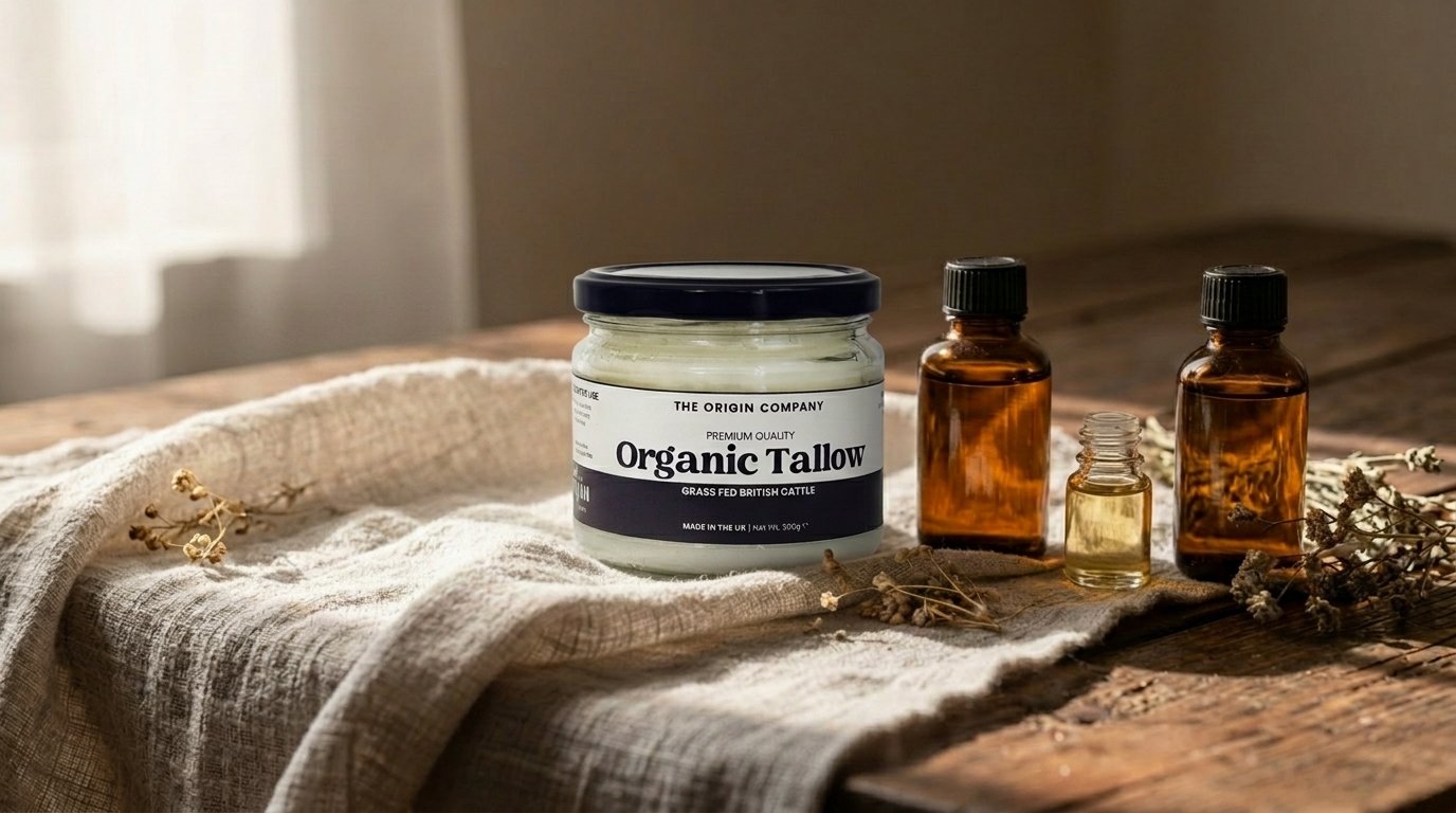 Glass jar of whipped beef tallow balm beside natural seed oils and dried botanicals on a wooden skincare table